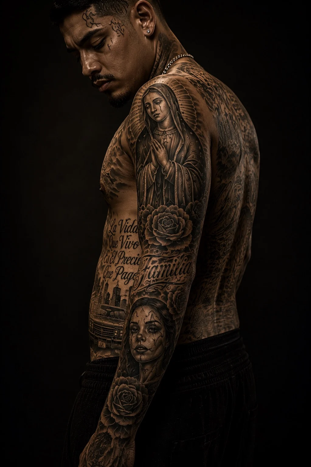 Chicano sleeve with Virgin of Guadalupe, payasa portrait, roses, Familia script, and lowrider at Bloodline Tattoo Bangkok
