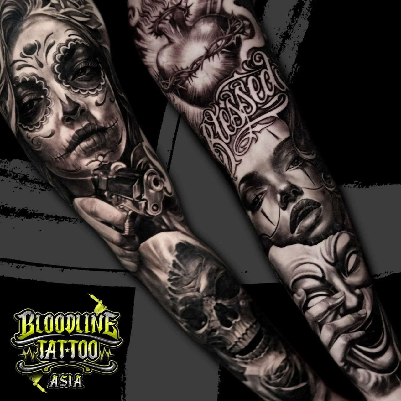Black and grey Chicano sleeve tattoo with La Catrina holding a revolver, Sacred Heart, Blessed script, payasa portrait, drama mask, skull, and rose at Bloodline Tattoo Bangkok.