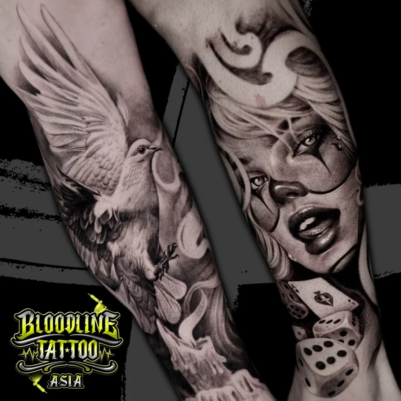Black and grey Chicano forearm tattoos with a flying dove, lit candle, payasa woman portrait, dice, and Ace of Spades card at Bloodline Tattoo Bangkok.
