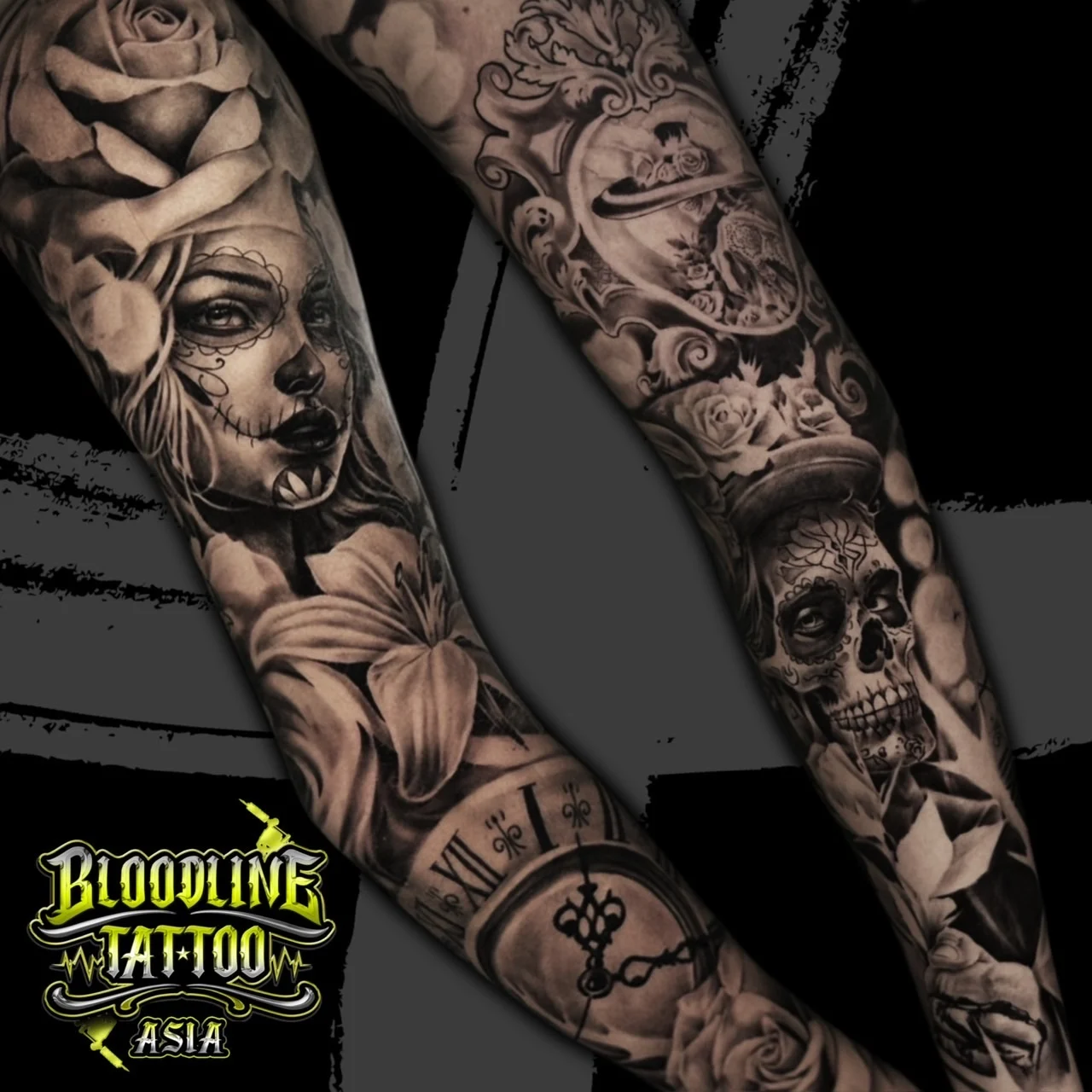 Detailed black and grey Chicano twin sleeves with Catrina payasa, decorative skull, roses, lily, and ornate pocket watch at Bloodline Tattoo Bangkok.