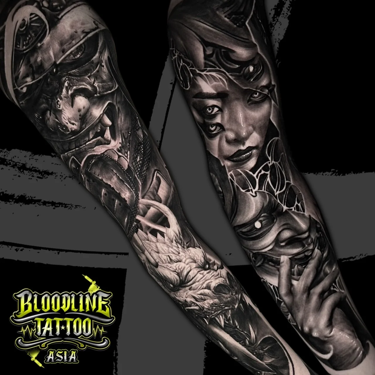 Black and grey Japanese sleeve tattoos with Hannya masks, dragon head, surreal multi-eyed woman, and reaching hand at Bloodline Tattoo Bangkok.
