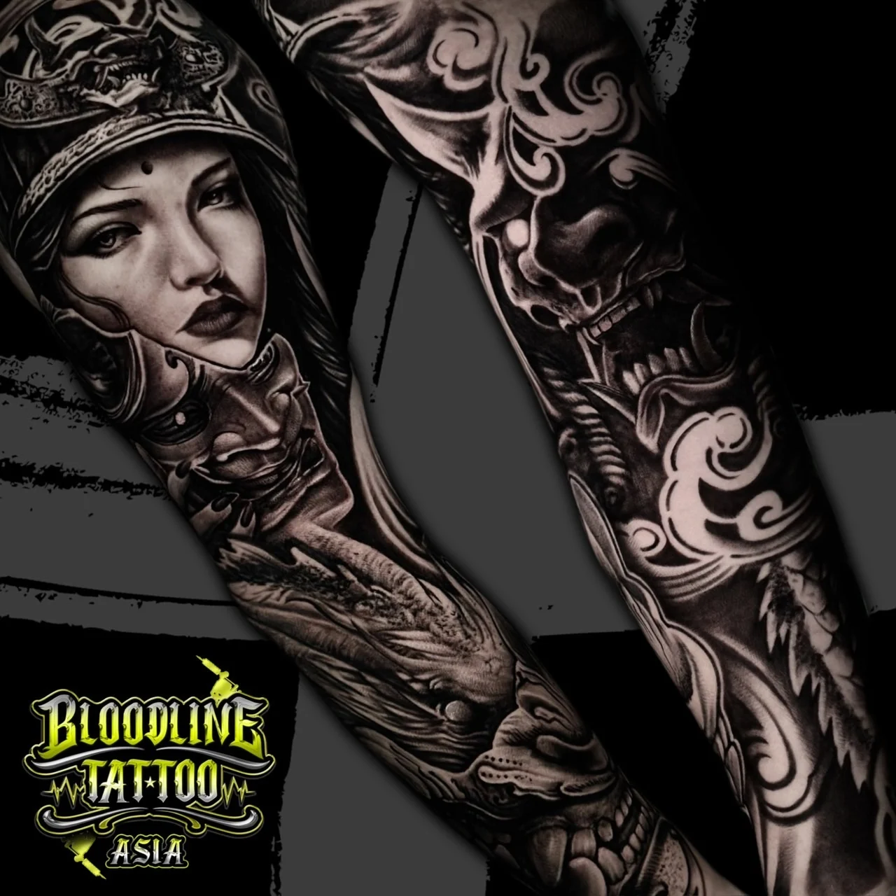 Black and grey Japanese sleeve with woman in kabuto helmet, Hannya mask, dragon head, and wave motifs at Bloodline Tattoo Bangkok.