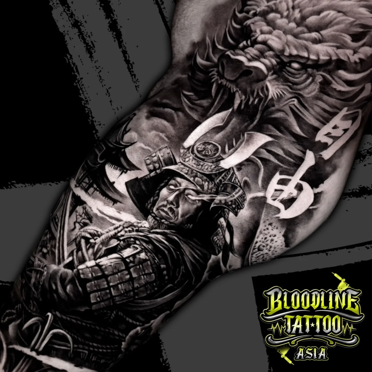 Black and grey Japanese arm tattoo of samurai in kabuto beneath a roaring dragon with kanji and pagoda at Bloodline Tattoo Bangkok.