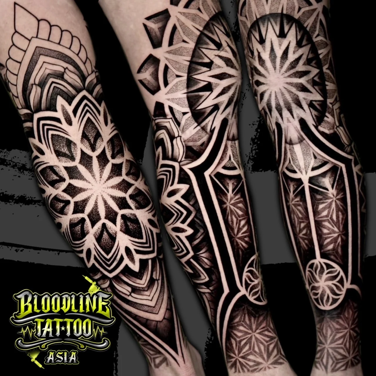 Triptych limb views of a wraparound mandala with triangular geometry and wrist Flower of Life dotwork in black and grey, at Bloodline Tattoo Bangkok.
