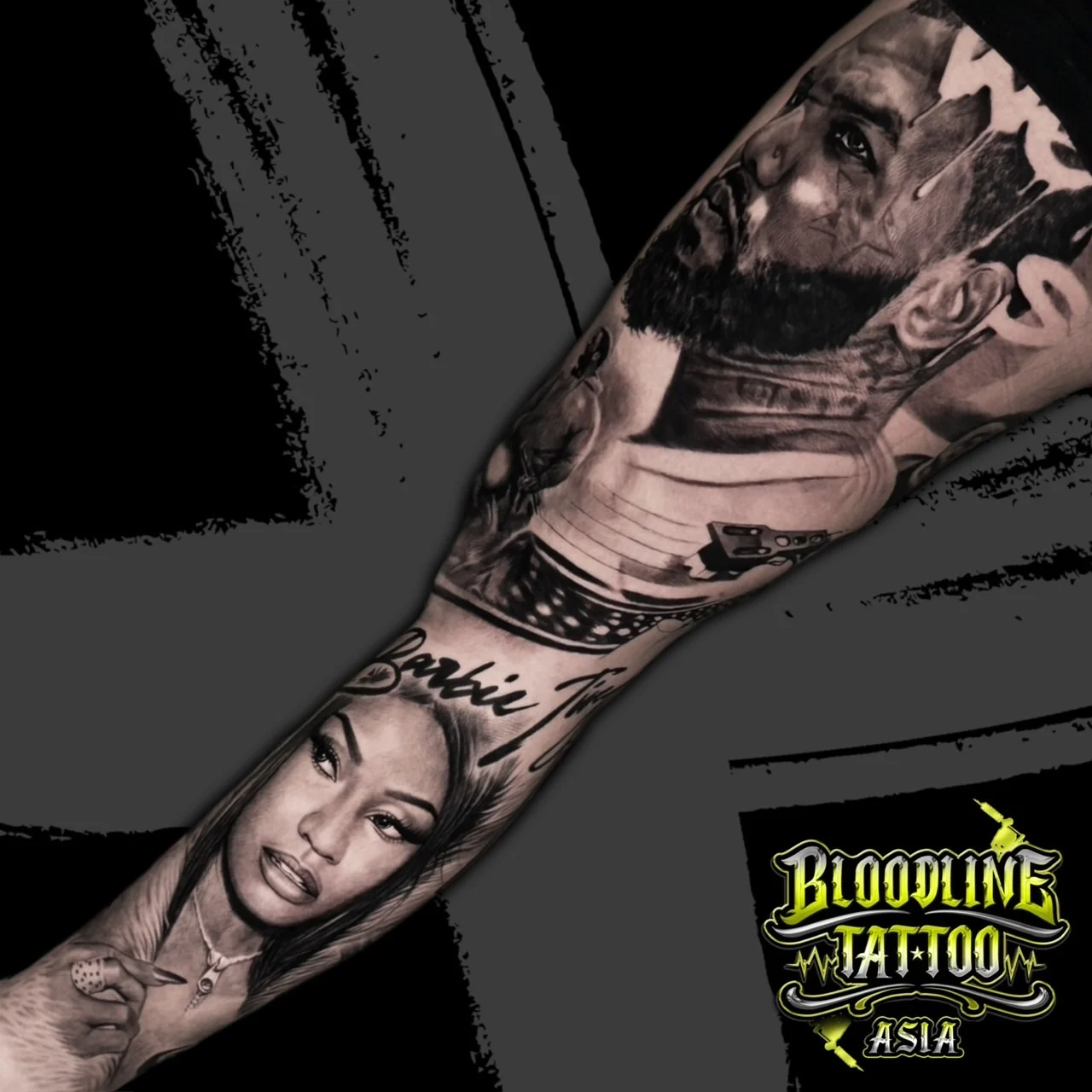 Black and grey portrait realism arm sleeve with a bearded man portrait, DJ turntable scene, and Nicki Minaj with Barbie script at Bloodline Tattoo Bangkok.