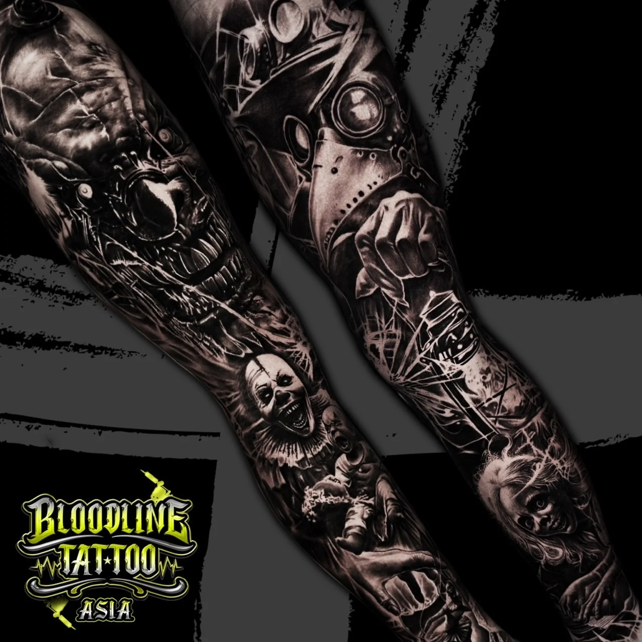 A horror-themed black and grey realism full sleeve with a plague doctor, a sinister grinning clown, and macabre faces in atmospheric shading, at Bloodline Tattoo Bangkok.