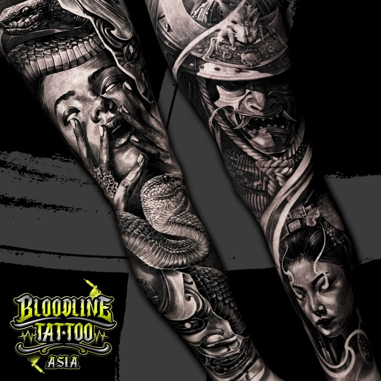 Two black and grey realism sleeves: one with a woman, coiled snake, and oni mask, and another with a samurai kabuto, mempo, and geisha portrait, at Bloodline Tattoo Bangkok.